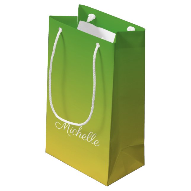 Sacola Para Presentes Pequena Tecido verde e amarelo personalizado (Verso inclinado)
