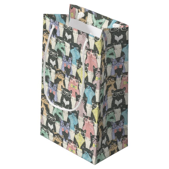 Sacola Para Presentes Pequena Teste padrão bonito dos gatos do hipster (Verso inclinado)
