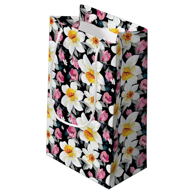 Sacola Para Presentes Pequena Teste padrão da elegância com flores do narciso (Verso inclinado)