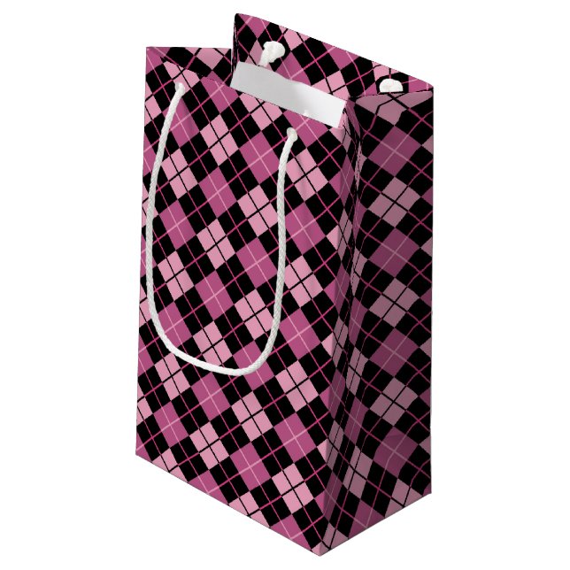 Sacola Para Presentes Pequena Teste padrão de Argyle no preto e no rosa (Verso inclinado)