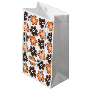 Sacola Para Presentes Pequena Teste padrão de flores retro alaranjado e preto