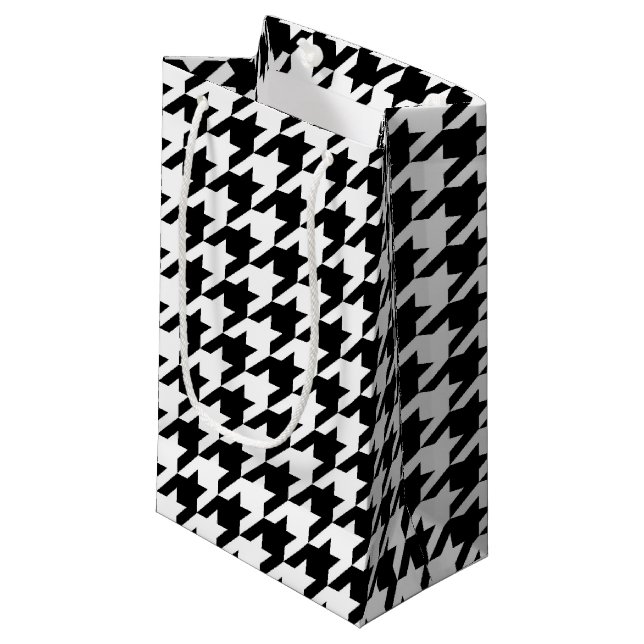 Sacola Para Presentes Pequena Teste padrão de Houndstooth preto e branco (Frente inclinada)