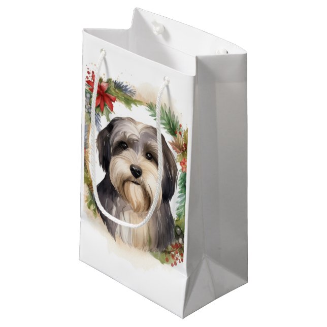 Sacola Para Presentes Pequena Tibetano Terrier Christmas Wreath Festivo Pup (Frente inclinada)
