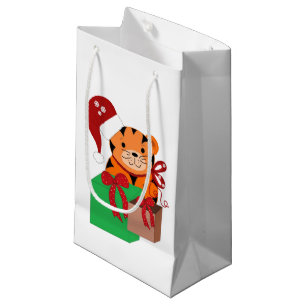 Sacola Para Presentes Pequena Tigre com um Chapéu de Papai Noel
