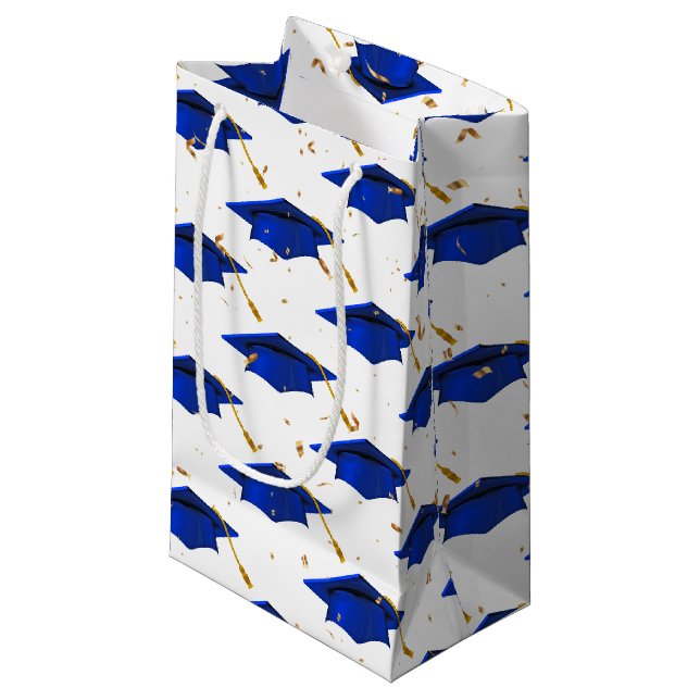 Sacola Para Presentes Pequena Toca de Graduação Azul com Confetes (Frente inclinada)