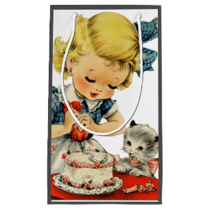 Sacola Para Presentes Pequena Trabalhos de arte retros do gato do bolo da menina