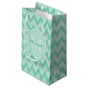 Sacola Para Presentes Pequena Trendy Mint Green Chevron Zigzag Nome e Monograma