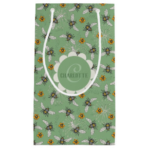Sacola Para Presentes Pequena Trendy Sage Green Buzzing Honeybee para o Verão
