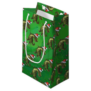 Sacola Para Presentes Pequena TRex no chapéu do papai noel no verde