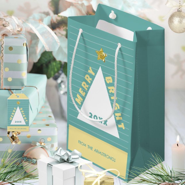 Sacola Para Presentes Pequena Turquoise Minimalist Christmas Tree Name (Turquoise Minimalist Christmas Tree Name Small Gift Bag ©Susanne Sachers - Sunny Mind 🌞)
