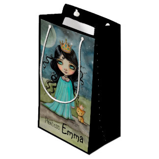 Sacola Para Presentes Pequena Uma Garota e Seu Gato Arte Fantasia Personalizada