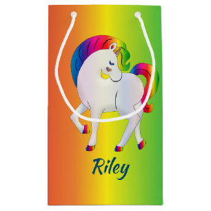 Sacola Para Presentes Pequena Unicórnio Branco e Arco-íris num Colorido