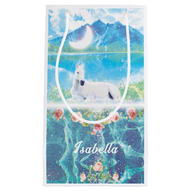 Sacola Para Presentes Pequena Unicórnio num sonho paraíso Personalizado (Frente)