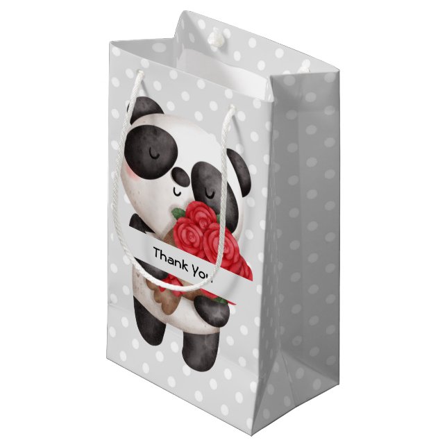 Sacola Para Presentes Pequena Urso Panda Bonito com Rose Bouquet Obrigado (Frente inclinada)