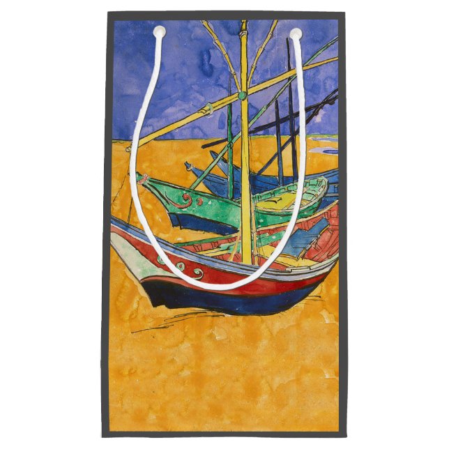 Sacola Para Presentes Pequena Van Gogh Boats Impressionism Beach (Frente)