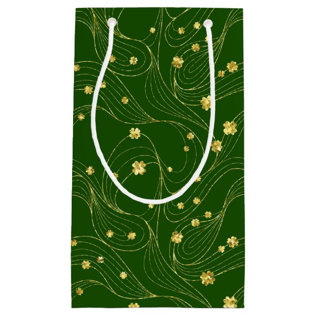 SACOLA PARA PRESENTES PEQUENA VERDE COM LINHAS DOURADAS FINAS E SHAMROCKS VERDE (Frente)