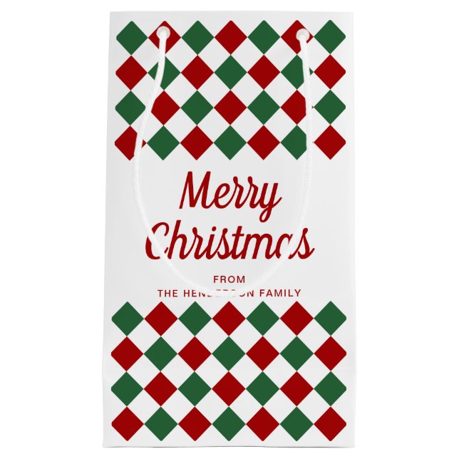 Sacola Para Presentes Pequena Vermelho Festivo E Verde Checando Feliz Natal (Frente)