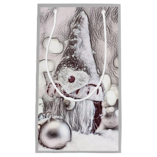 Sacola Para Presentes Pequena Vintage Desenho de um Gnomo Rosa na neve