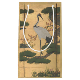 Sacola Para Presentes Pequena Vintage Japonês Cranes Ouro Backdrop Gift Bag