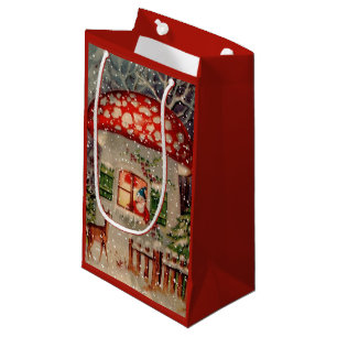 Sacola Para Presentes Pequena Vintage Santa Claus Gnomo no Feriado de Mushroom