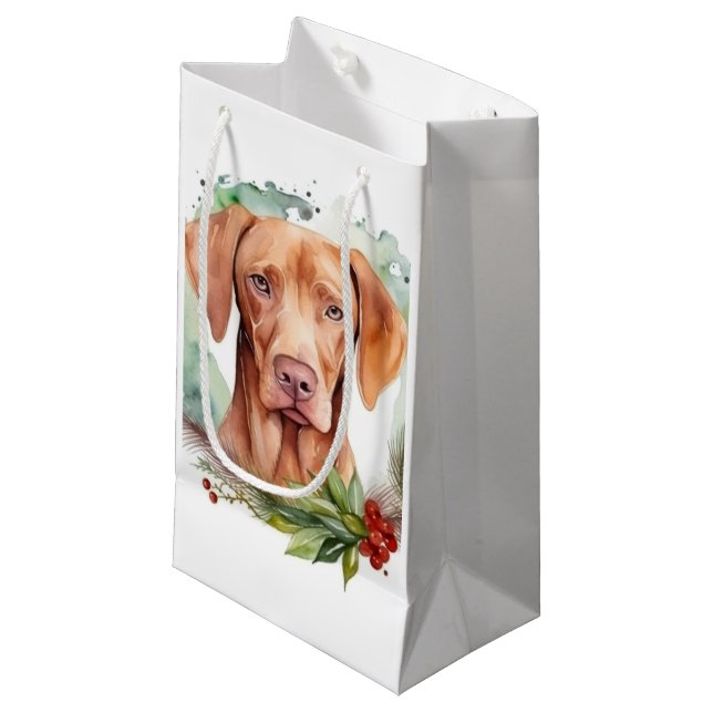 Sacola Para Presentes Pequena Vizsla Christmas Wreath Festivo Pup (Frente inclinada)