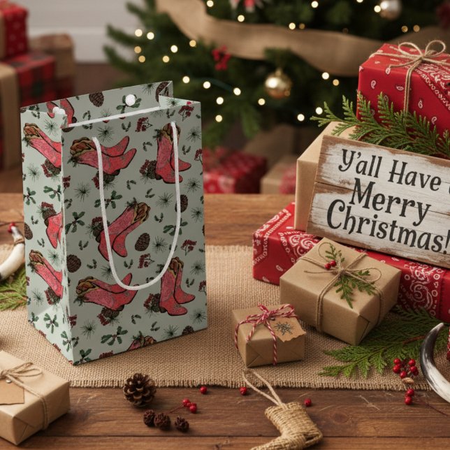 Sacola Para Presentes Pequena Vovó Ocidental Rosa de Natal e Verde (Sage Green Western Christmas Pink & Red Cowgirl Boots, Pinecones & Berries. Cute Rustic Boot Pattern)