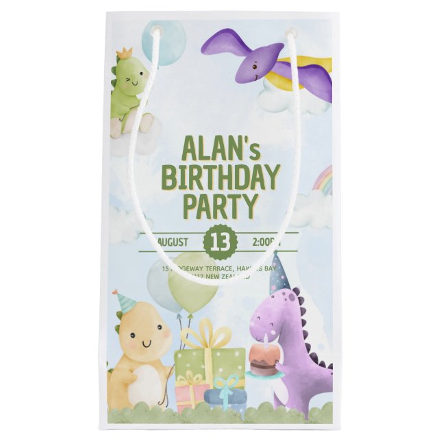 Sacola Para Presentes Pequena Watercolor Dinosaur Birthday Invites (Frente)