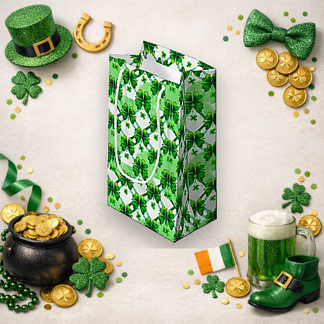 Sacola Para Presentes Pequena Watercolor Green Shamrock Plaid Pattern (Criador carregado)