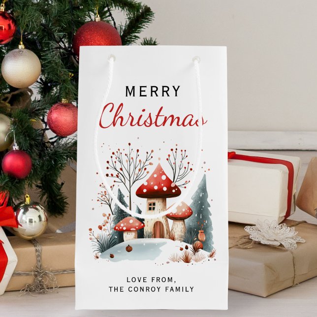 Sacola Para Presentes Pequena Watercolor Merry Christmas Woodland (Criador carregado)