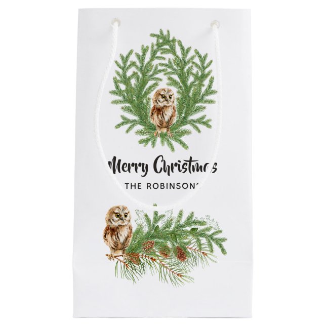 Sacola Para Presentes Pequena Watercolor Owl Christmas (Frente)
