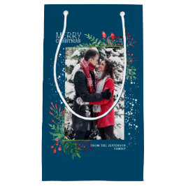 Sacola Para Presentes Pequena Watercolor Winter Greenery Blue Christmas Photo