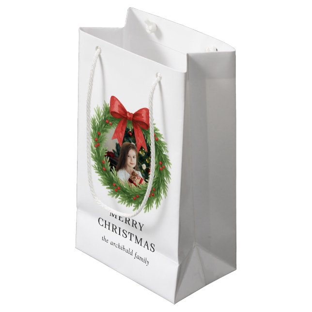 Sacola Para Presentes Pequena Watercolor Wreath Foto Moderna Natal (Frente inclinada)