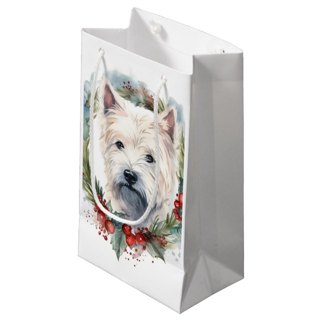 Sacola Para Presentes Pequena West Highland White Terrier Wreath de Natal (Frente inclinada)