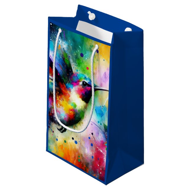 Sacola Para Presentes Pequena Whimsical Colorical Hummingbird Blue Green (Frente inclinada)