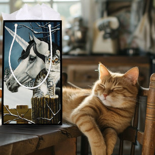 Sacola Para Presentes Pequena White Unicorn Tabby Cat Fantasy
