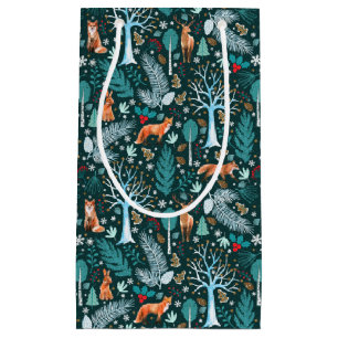 Sacola Para Presentes Pequena Winter Woodland Teal/Dourado ID785