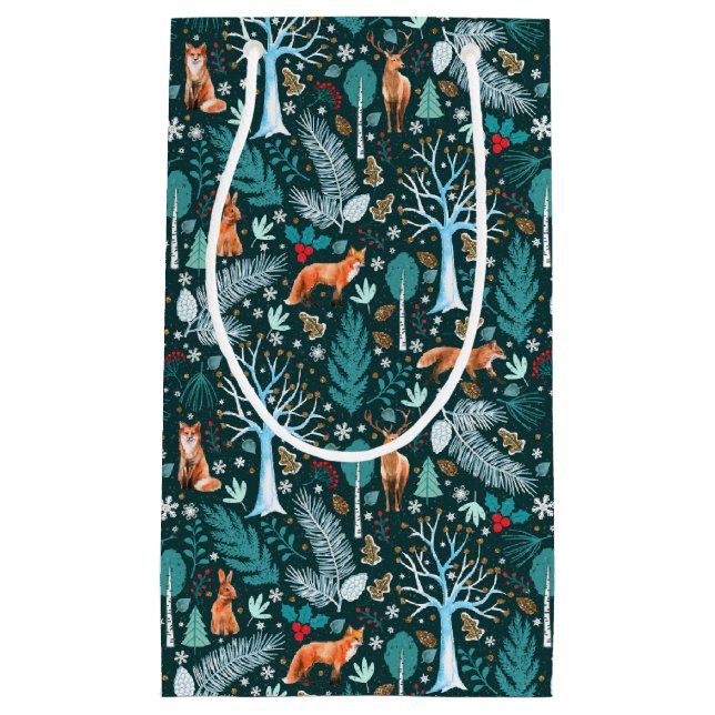 Sacola Para Presentes Pequena Winter Woodland Teal/Dourado ID785 (Frente)