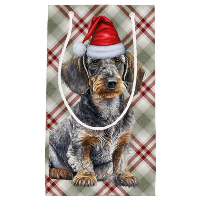 Sacola Para Presentes Pequena Wire Haired Dachshund Dog on Red Plaid Christmas (Frente)