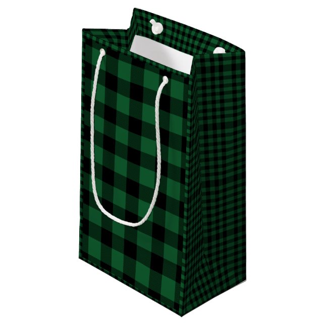 Sacola Para Presentes Pequena Xadrez de Búfalo Verde e Negro, Rustic Checked (Frente inclinada)