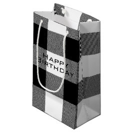 Sacola Para Presentes Pequena xadrez de búfalos Feliz de Aniversário preto e bra