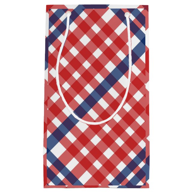Sacola Para Presentes Pequena Xadrez de Gingham Vermelho, Branco e Azul (Frente)