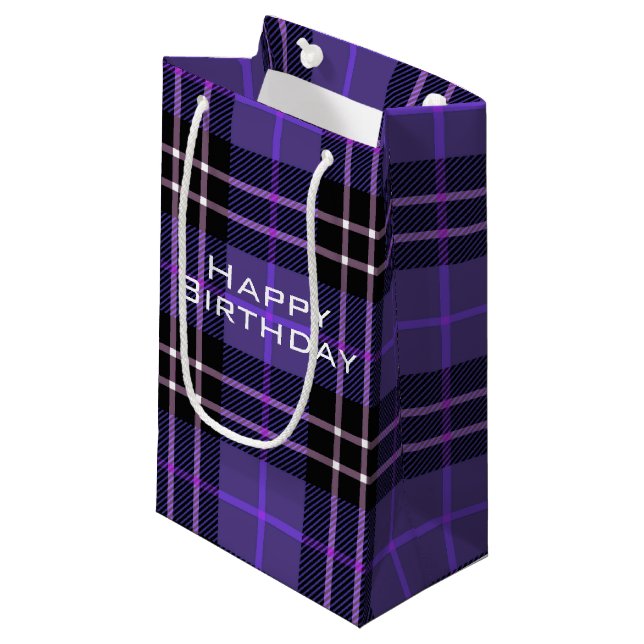 Sacola Para Presentes Pequena Xadrez de Tartan Roxo e Preto - Pequeno Saco (Frente inclinada)
