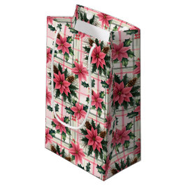 Sacola Para Presentes Pequena Xadrez Floral de Natal Rosa Rosa Feliz Natal Feliz