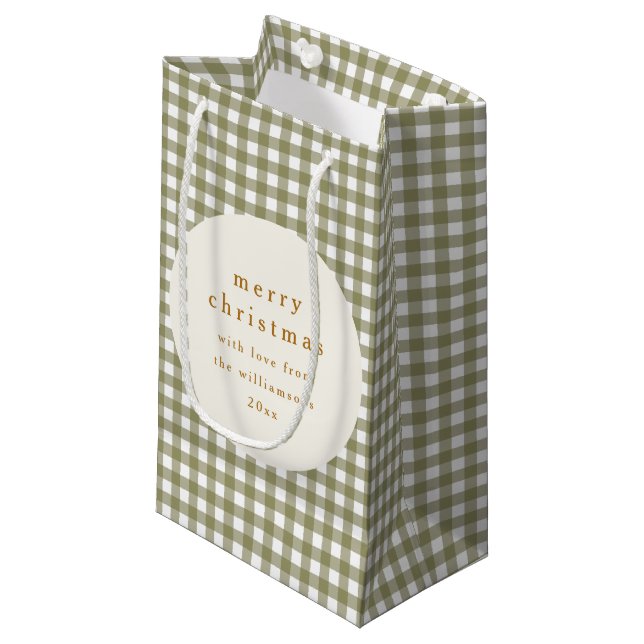 Sacola Para Presentes Pequena Xadrez Olive Gingham Personalizada Do Natal (Frente inclinada)