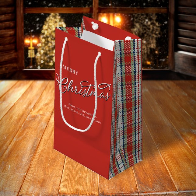 Sacola Para Presentes Pequena Xadrez Verde Vermelha Feliz Natal Personalizado (Merry Christmas red and green plaid pattern gift bag)