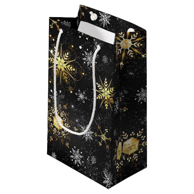 Sacola Para Presentes Pequena Xmas Golden Snowflakes on Black Background (Frente inclinada)