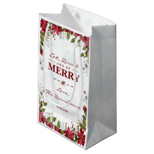 Sacola Para Presentes Pequena Xmas Snowflakes Poinsettia Coma Bebida e seja Feli