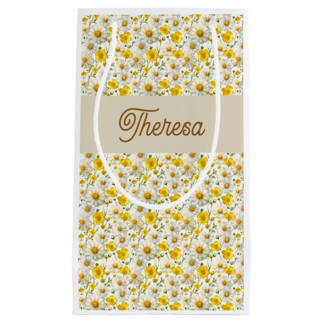 Sacola Para Presentes Pequena Yellow Wildflowers Pattern Monogram Name (Frente)