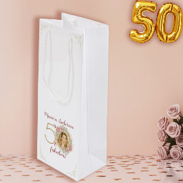 Sacola Para Vinho  50 and Fabulous Pink Floral Gold Photo Birthday