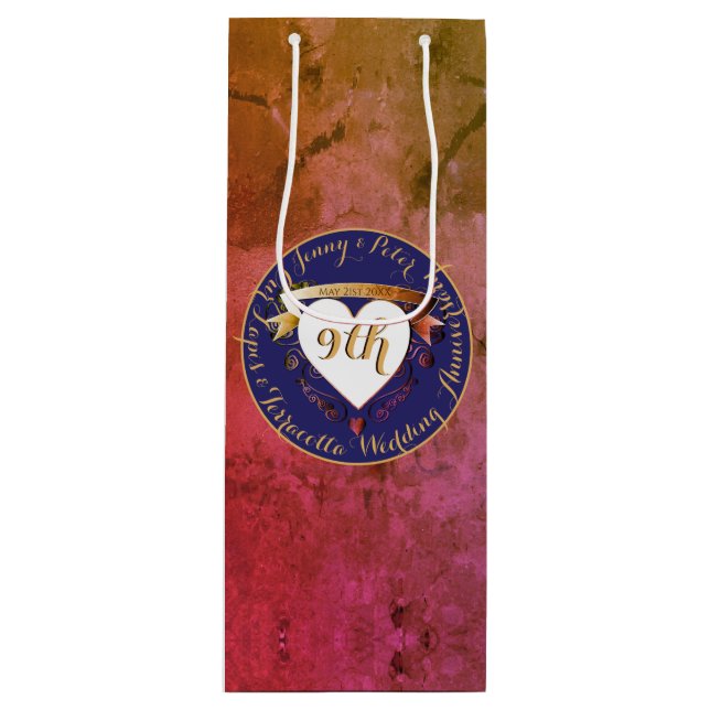 Sacola Para Vinho 9.º Aniversário Terracotta & Lapis Gift Bag (Frente)